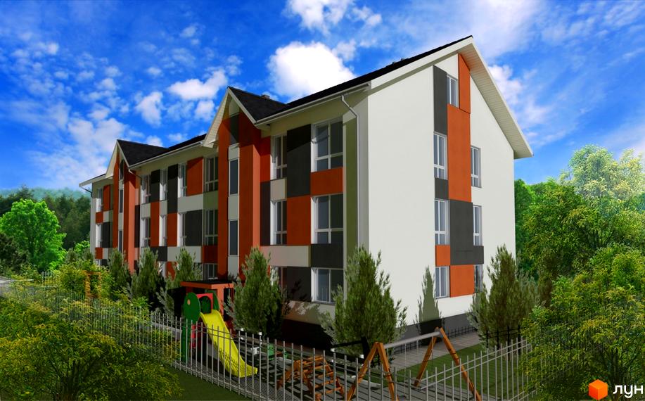 Житловий комплекс Smart Format з яскравим фасадом та дитячим майданчиком на прибудинковій території.