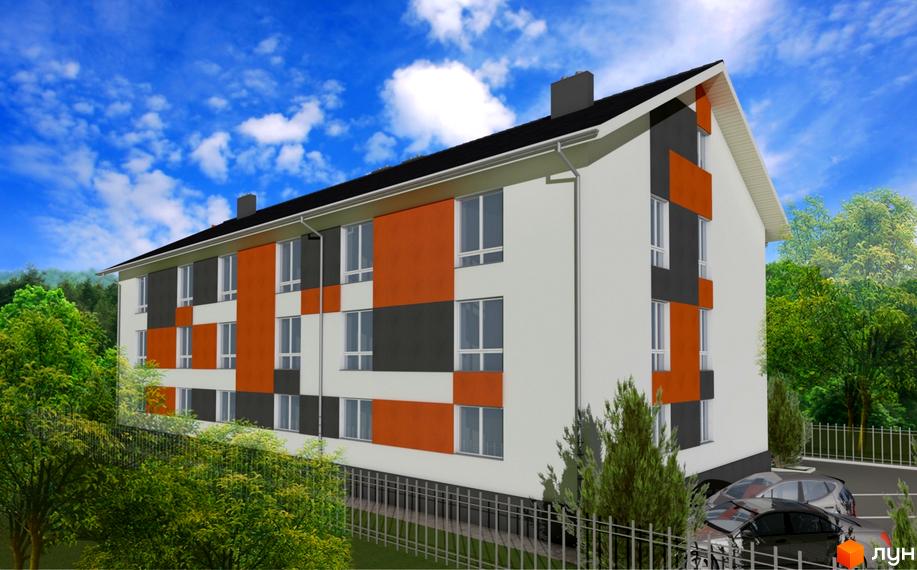 Житловий комплекс Smart Format з яскравим фасадом та вікнами, оточений деревами та парканом. На прибудинковій території видно автомобілі та зелені насадження.
