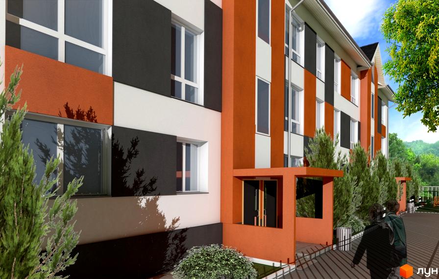 Зовнішній вигляд новобудови ЖК Smart Format з фасадом у помаранчево-чорних тонах та прибудинковою територією з деревами.