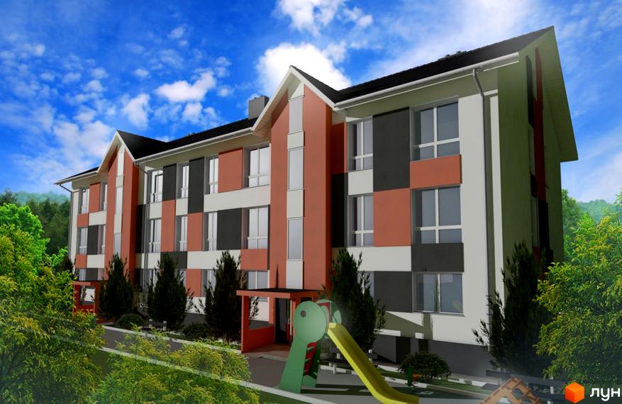 Житловий комплекс Smart Format – це чотириповерхова новобудова з яскравим фасадом та дитячим майданчиком біля входу. Навколо будинку зелені насадження та доглянута територія.