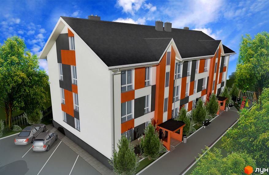 Будинок ЖК Smart Format з фасадом, оздобленим помаранчевими та сірими елементами, та прибудинковою територією з дитячим майданчиком.