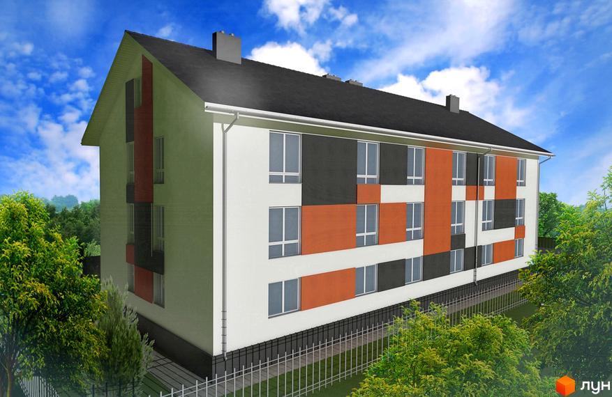 Зовнішній вигляд будинку ЖК Smart Format з фасадом біло-сіро-оранжевого кольору та прибудинковою територією з деревами та парканом.