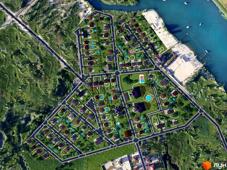 Зображення житлового комплексу КМ Осокор. Візуалізація котеджів з басейнами та зеленими зонами. Планування території з дорогами та озелененням.