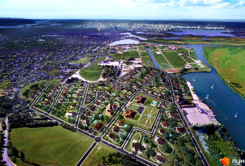 Котеджне містечко Осокор з будинками з коричневими дахами та доглянутою прибудинковою територією. Навколо розташовані зелені насадження та водойми, що створюють гармонійний вигляд.