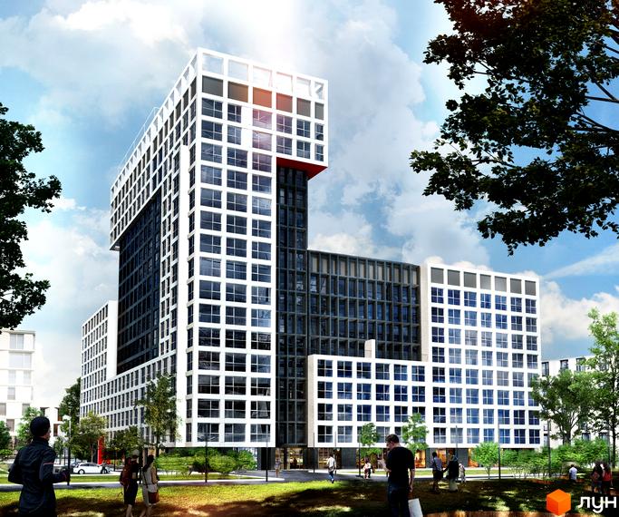 Житловий комплекс Вільне Місто має багатоповерхові білі та темні секції з великими вікнами. Прибудинкова територія облаштована зеленим газоном та деревами.