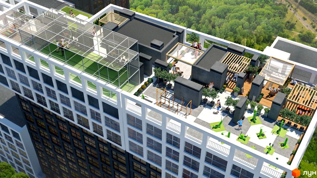 Житловий комплекс Вільне Місто з багатоповерховим будинком та облаштованим дахом. На даху розташовані спортивні майданчики, зони відпочинку та вуличні тренажери.