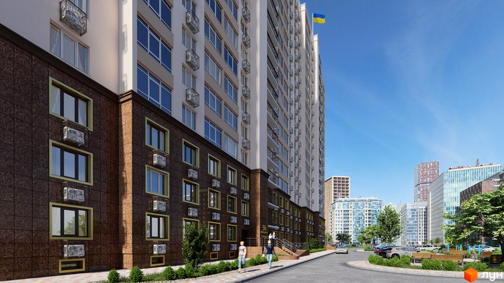 Зовнішній вигляд новобудови ЖК П'ятдесят шоста перлина з кондиціонерами на фасаді та прибудинковою територією з лавками та деревами.