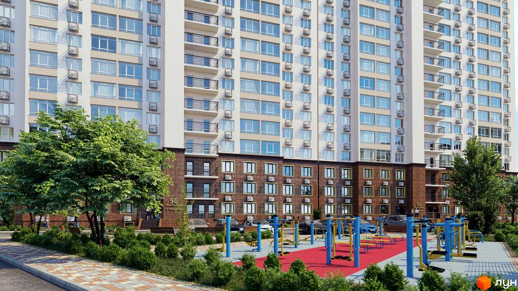 Житловий комплекс П'ятдесят шоста перлина з фасадом з цегли та великою кількістю вікон. На прибудинковій території розташований дитячий майданчик та зелені насадження.