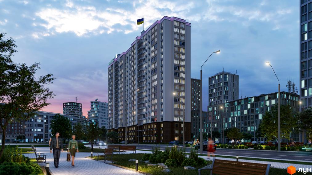 Високоповерховий житловий комплекс П'ятдесят шоста перлина з українським прапором на даху. Навколо комплексу зелена прибудинкова територія з алеями та лавками.