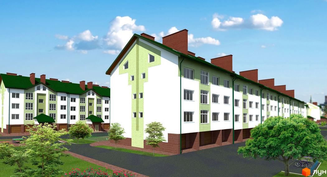 Новобудова на вул. Проектована-Тролейбусна, 6, з зеленим дахом та світлими фасадами, має доглянуту прибудинкову територію з деревами та місцями для відпочинку.