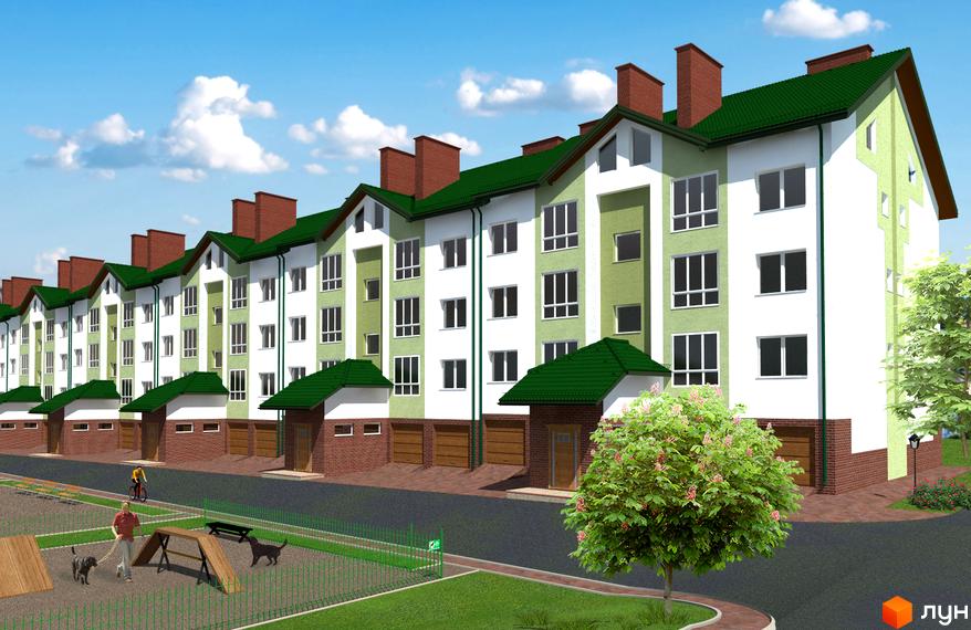 Зовнішній вигляд новобудови на вул. Проектована-Тролейбусна, 6 з зеленим дахом та світлими фасадами. На прибудинковій території облаштовано зону для вигулу собак.