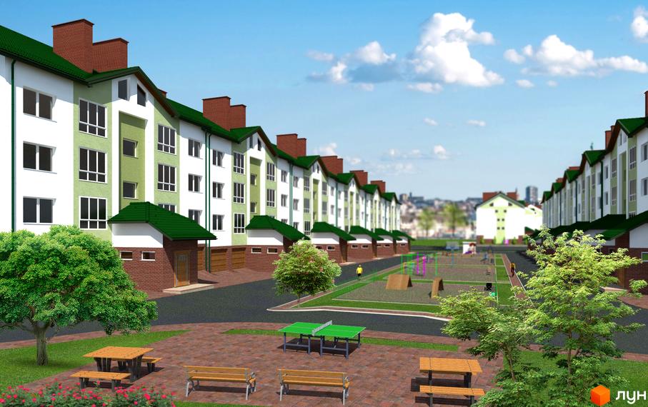 Зовнішній вигляд житлового комплексу на вул. Проектована-Тролейбусна, 6, з дитячим майданчиком та зонами відпочинку.