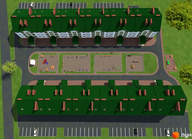 Вид зверху на житловий комплекс з зеленими дахами та паркувальними місцями, дитячими майданчиками та зонами відпочинку.