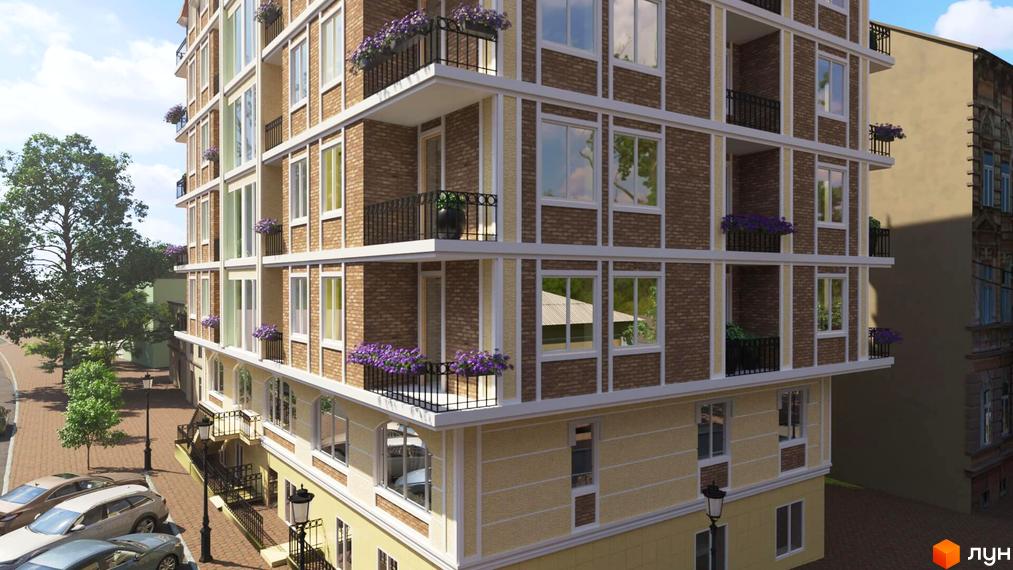 Зовнішній вигляд новобудови ЖК Різдвяний з цегляним фасадом та балконами з квітами. На прибудинковій території видно припарковані автомобілі та пішохідну доріжку.