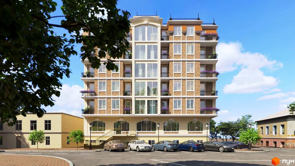 Зовнішній вигляд новобудови ЖК Різдвяний з фасадом з цегли та балконами з квітами. На прибудинковій території розташовані автомобілі та дерева.