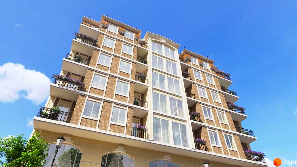 Зовнішній вигляд житлового комплексу Різдвяний з цегляним фасадом, великими вікнами та балконами з квітами. Навколо будинку зелені насадження та ліхтар.