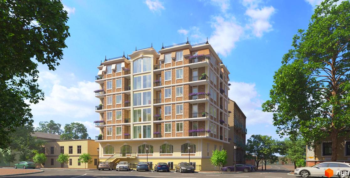 Фасад житлового комплексу Різдвяний з цегляним оздобленням та балконами з квітами на фоні блакитного неба. Поруч розташовані дерева та припарковані автомобілі.