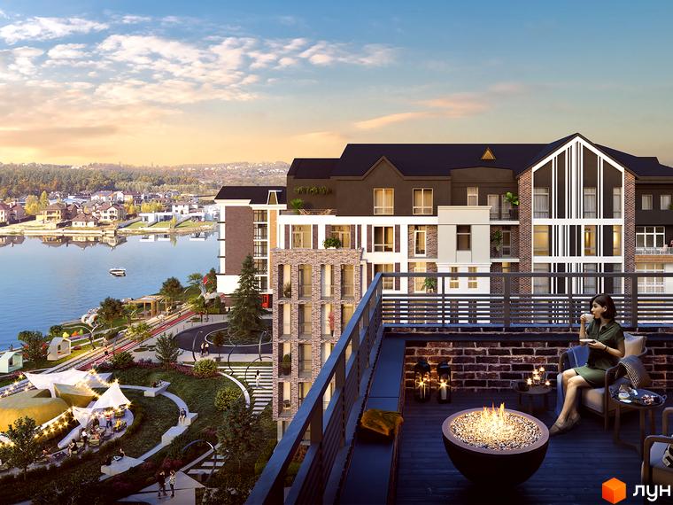 Житловий комплекс BASA city з багатосекційними будинками, цегляними фасадами та темним дахом. Прибудинкова територія з озером та зонами відпочинку.