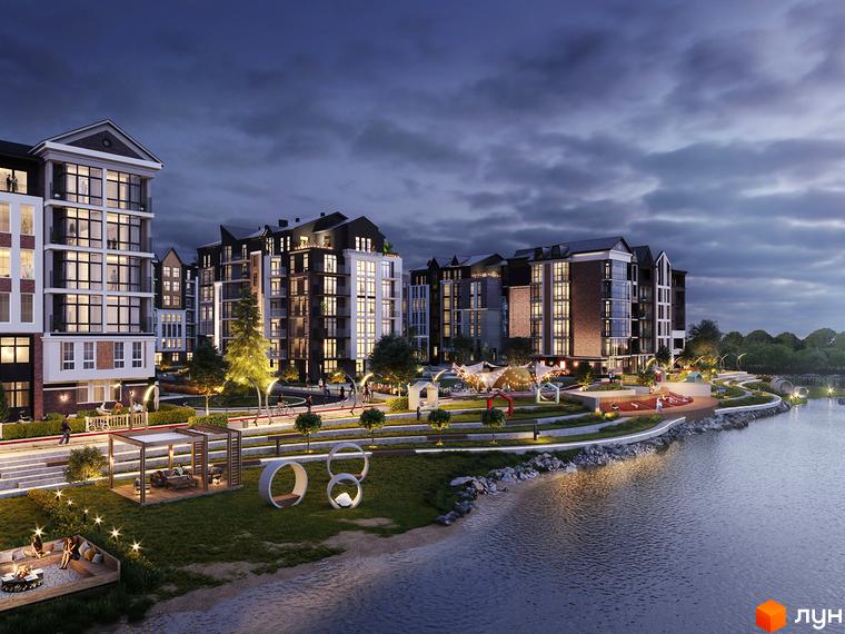 Житловий комплекс BASA city біля річки з багатоповерховими будинками з підсвіткою. На території є зони відпочинку, дитячий майданчик та зелені насадження.