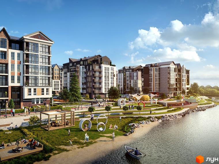 Житловий комплекс BASA city з красивою архітектурою та доглянутою прибудинковою територією. На березі річки розташовані дитячі майданчики та зони відпочинку.