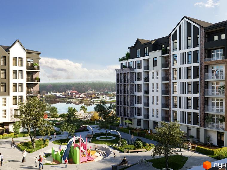 Багатоповерхові будинки Житлового комплексу BASA city з балконами та панорамними вікнами. На території комплексу дитячий майданчик, зелені насадження та місця для відпочинку.