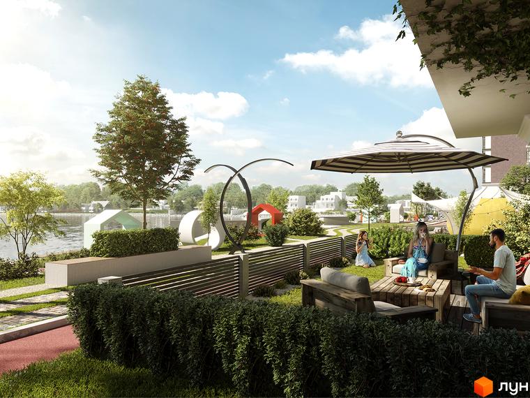 Житловий комплекс BASA city з зоною відпочинку, альтанкою та ландшафтним дизайном. На території комплексу є зелені насадження та місця для прогулянок.