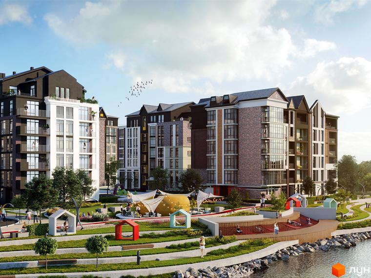 Житловий комплекс BASA city з сучасними будинками різної поверховості. На території комплексу розташовані дитячі майданчики та зони відпочинку.