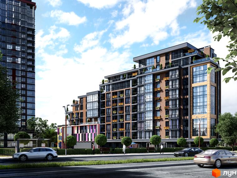 Житловий комплекс Manhattan: багатоповерховий будинок з терасами, великими вікнами та цегляним фасадом. Поруч дорога, зелені насадження та пішоходи.