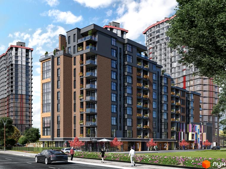 Новобудова Manhattan з коричневим цегляним фасадом та темними вставками, скляними балконами. Прибудинкова територія має зелені насадження та магазини.