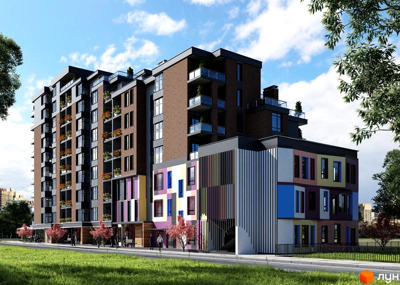 Житловий комплекс Manhattan: багатоповерховий будинок з темно-коричневими фасадами та кольоровими панелями на нижніх поверхах. Навколо зелений газон.