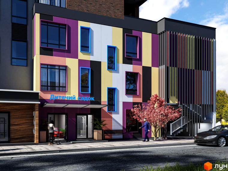 Житловий комплекс Manhattan: будівля з яскравим, картатим фасадом та вивіскою 