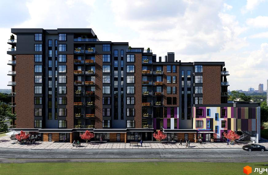 Житловий комплекс Manhattan: багатоповерхова будівля з темно-сірим фасадом, цегляними вставками, балконами та яскравим дитячим садком на першому поверсі.