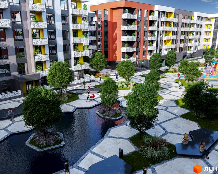 Житловий комплекс Приморські Сади: багатоповерхові будинки з кольоровими фасадами та балконами. Двір з водоймою, деревами та дитячим майданчиком.