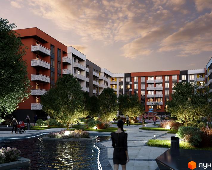 Житловий комплекс Приморські Сади з фасадами червоного та сірого кольорів, з білими балконами. Прибудинкова територія з фонтаном, деревами та дитячим майданчиком.