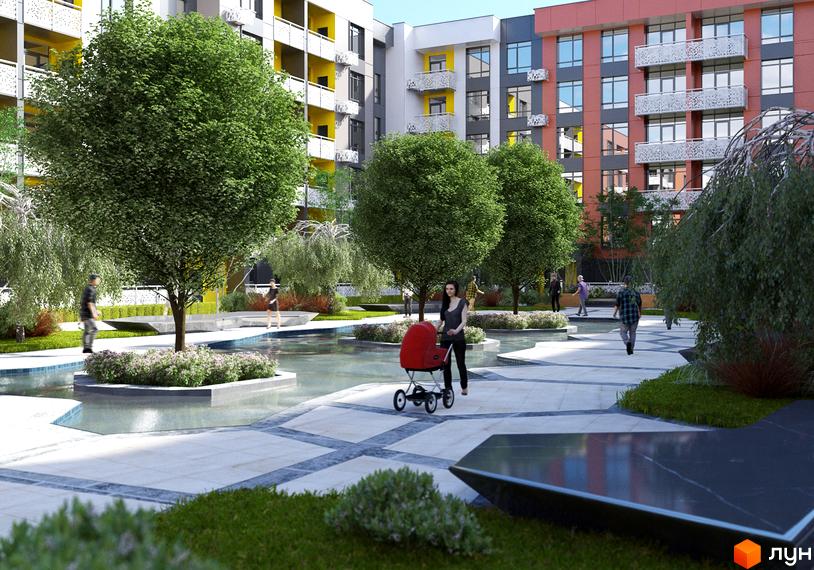 Житловий комплекс Приморські Сади: багатоповерхові будинки з різнокольоровими фасадами та балконами. Внутрішній двір з зеленими деревами, водоймою та прогулянковими доріжками.