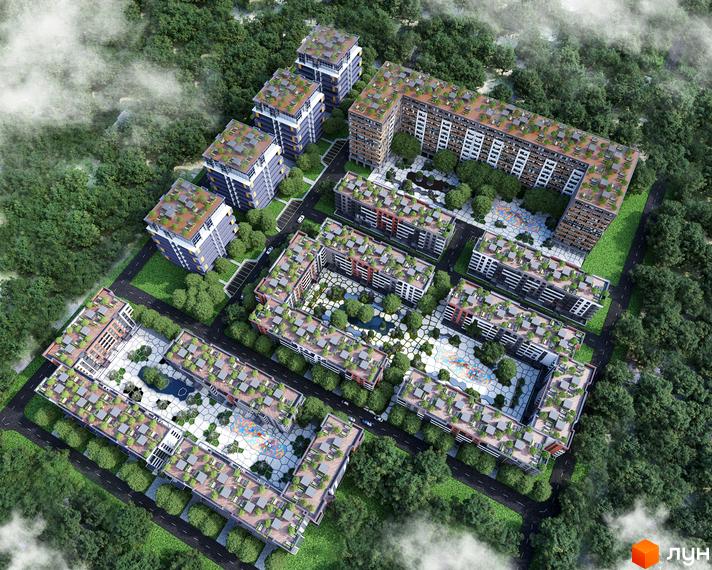 Житловий комплекс Приморські Сади: багатоповерхові будинки із зеленими дахами. Територія з деревами, внутрішніми дворами, доріжками та водоймами.