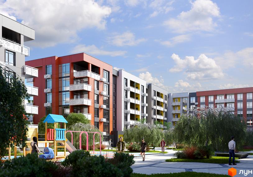 Житловий комплекс Приморські Сади: багатоповерхові будинки з кольоровими фасадами та балконами, внутрішній двір з дитячим майданчиком та зеленими насадженнями.