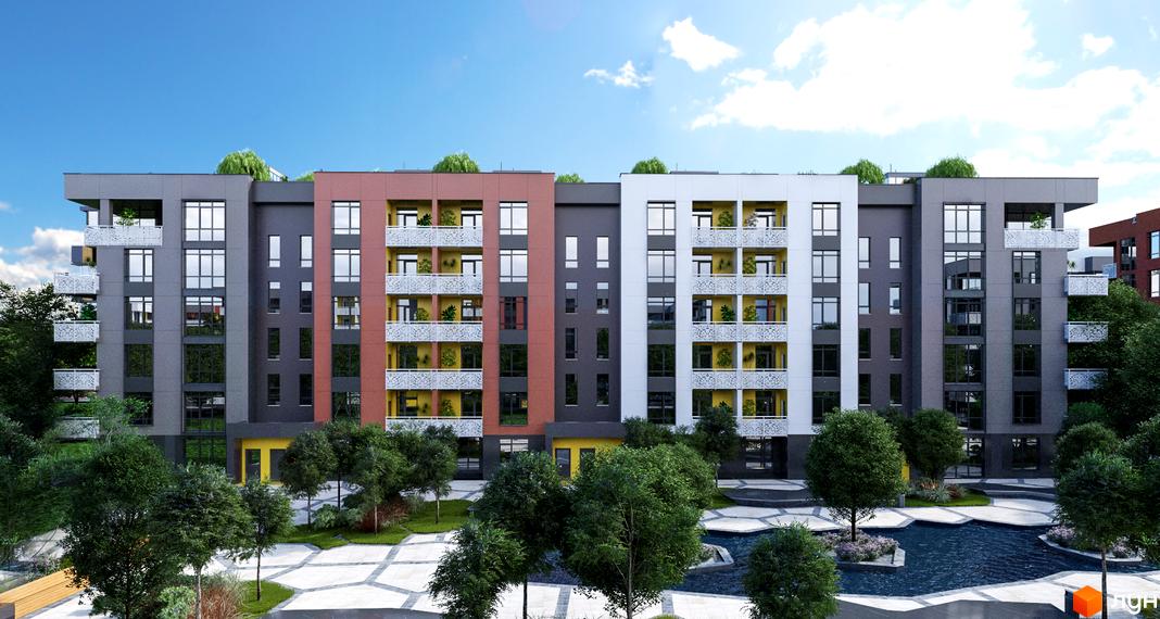 Житловий комплекс Приморські Сади: багатосекційний будинок з різнокольоровими фасадами та балконами. Двір має зелені насадження та водойму.