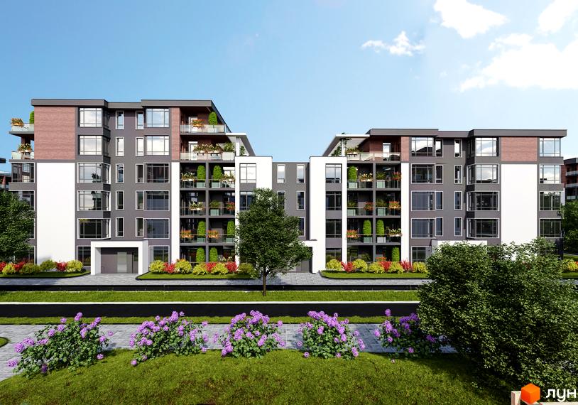 Житловий комплекс Приморські Сади: будинки з темно-сірими, білими фасадами та озелененими балконами. Прибудинкова територія з газоном, бузком та деревами.