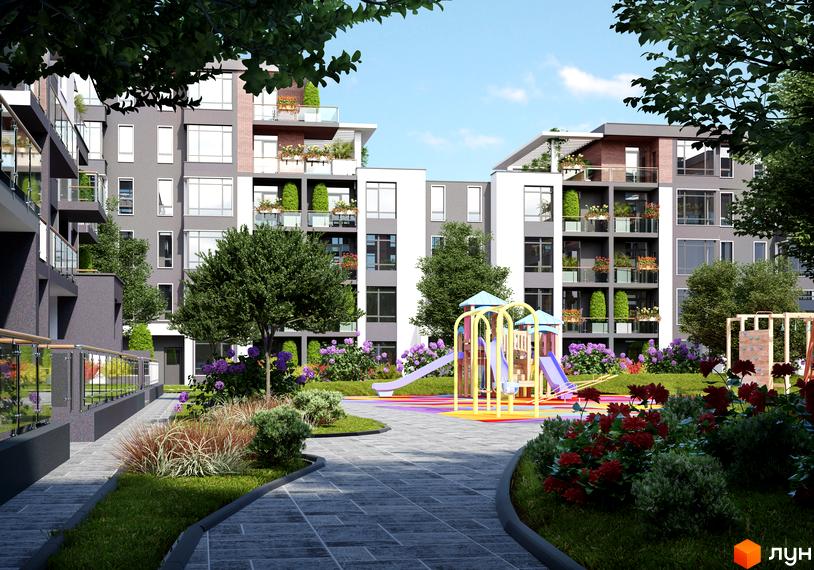 Житловий комплекс Приморські Сади: багатоповерхові будинки з сірими та білими фасадами, балконами. У дворі – дитячий майданчик та зелені зони.