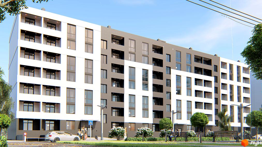 Фасад житлового комплексу Щасливий з білими та сірими секціями, балконами та великими вікнами. На прибудинковій території розташовані лавки та зелені насадження.