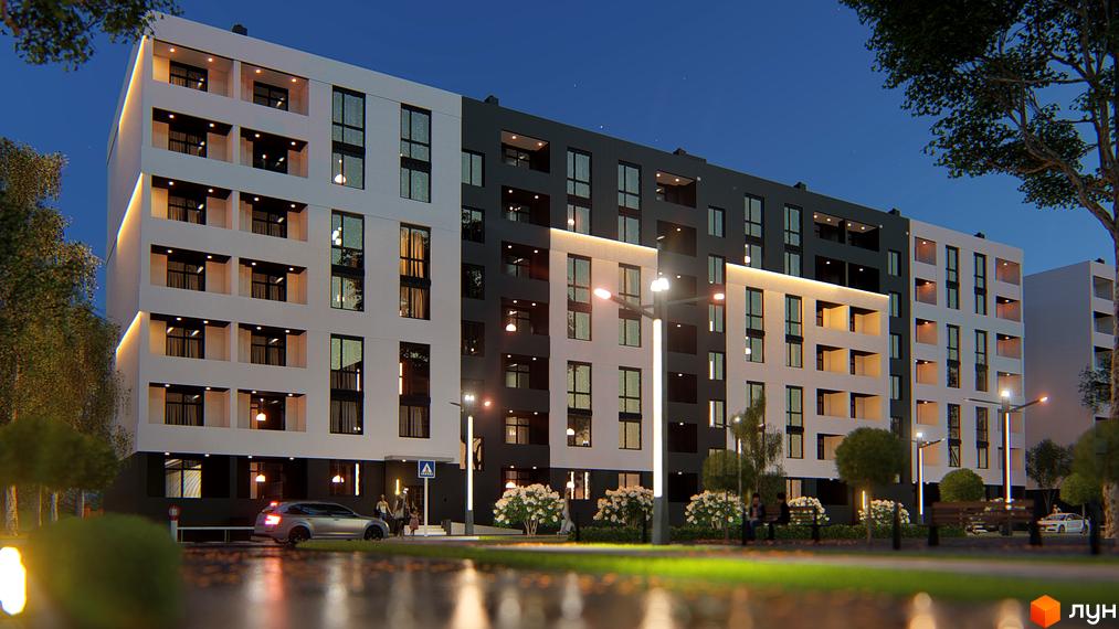 Житловий комплекс Щасливий – це сучасна новобудова з біло-сірими фасадами та великими вікнами, що виходить на зелену прибудинкову територію з освітленням та зонами відпочинку.