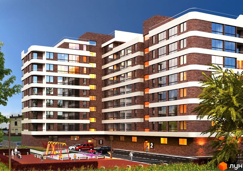 Житловий комплекс Provance Home з цегляним фасадом та білими горизонтальними елементами, дитячим майданчиком та парковкою біля будинку.