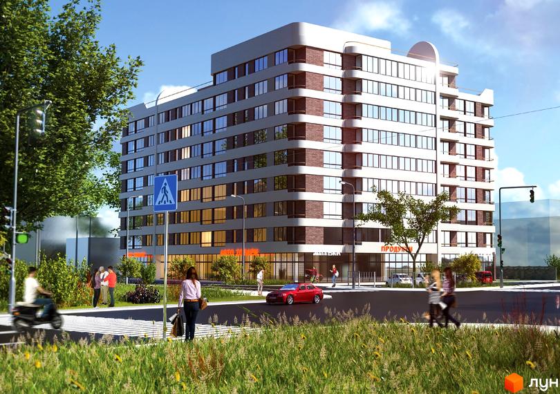 Житловий комплекс Provance Home - це багатоповерхова новобудова з великою кількістю вікон, розташована біля дороги з пішохідним переходом та зеленою зоною.