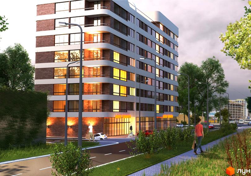 Зовнішній вигляд житлового комплексу Provance Home з цегляним фасадом та великими вікнами, освітлена прибудинкова територія з пішохідною зоною та зеленими насадженнями.