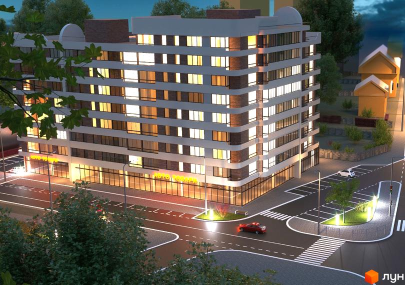 Зовнішній вигляд новобудови ЖК Provance Home з численними вікнами та освітленням, прибудинкова територія з дорогою та парковкою.