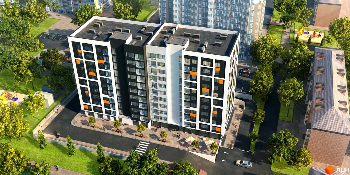 Зображення сторінки Будівельного проєкту Forward. Високоповерхові будинки з білими, чорними та помаранчевими акцентами, поруч зелені насадження та дитячий майданчик.