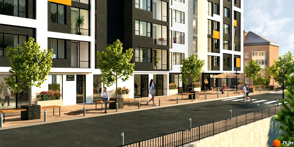 Зображення фасаду багатоповерхового будинку ЖК Forward з великими вікнами та комерційними приміщеннями на першому поверсі, облаштована прибудинкова територія з лавками та деревами.