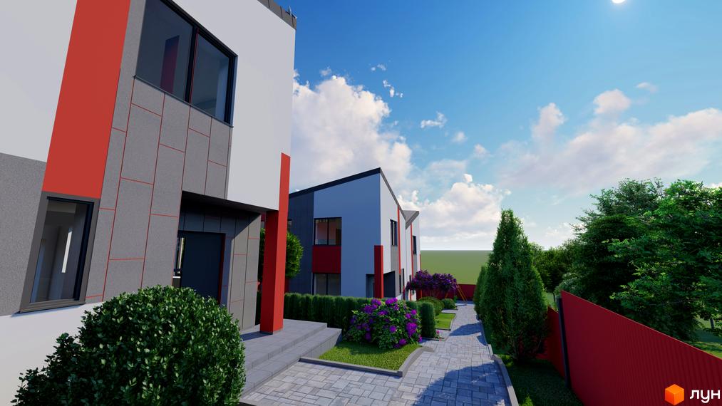 Таунхаус На Райдужній: сучасні будинки з червоними та сірими елементами фасаду, доглянута прибудинкова територія з кущами та деревами.