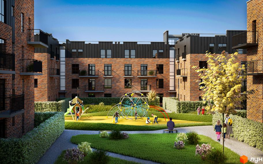 Зовнішній вигляд житлового комплексу Клубне містечко 12 з цегляними фасадами та балконами. Прибудинкова територія з дитячим майданчиком та зеленими зонами.